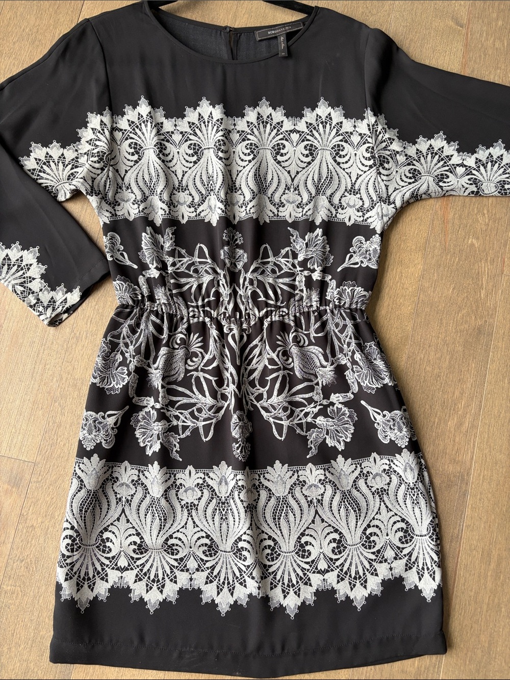 BCBGMaxAzria XS Black Dress with White Lace-Style Print